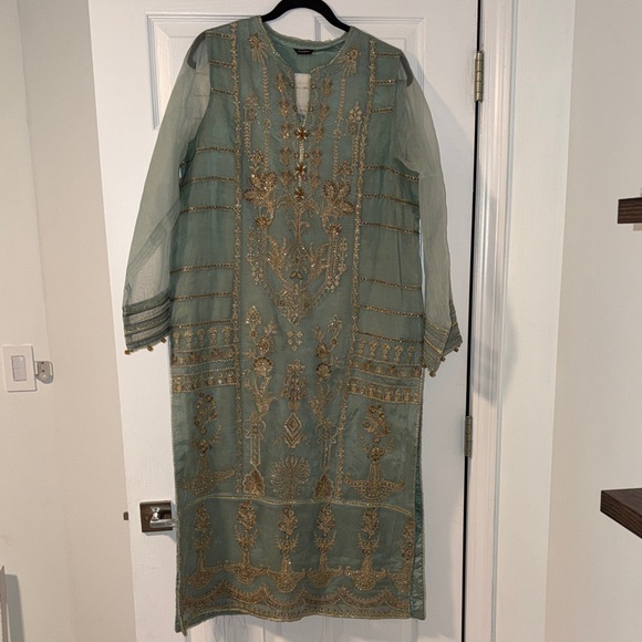 saphire pakistan Dresses & Skirts - Embroidered Long Sleeve Dress in Green and Gold